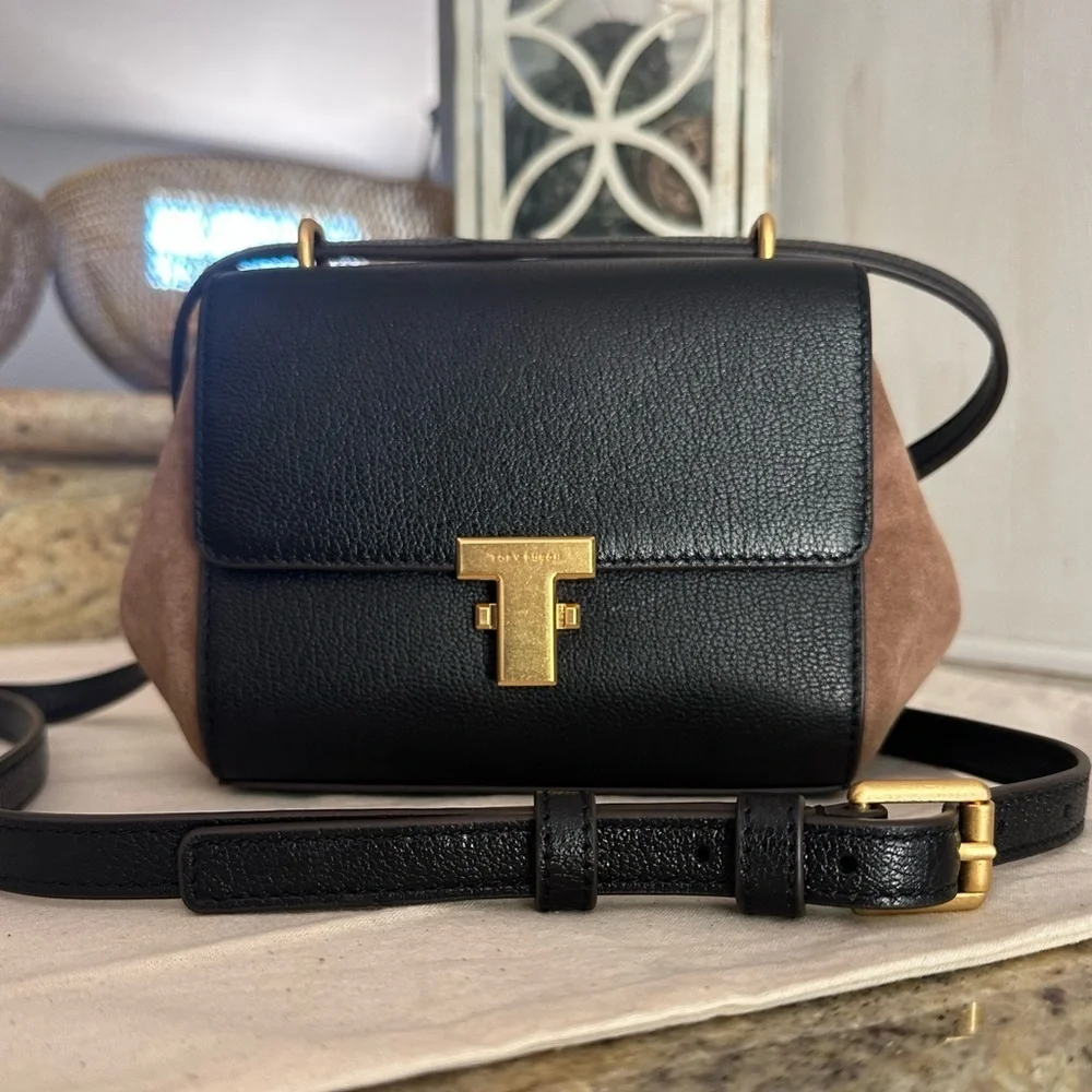 New Tory Burch Juliette Black Leather Brown Suede Women's Mini Bag